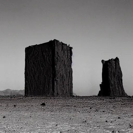 Prompt: a vast, looming, infinite monolith made of meat in a desolate, charred desert, painted by hr giger