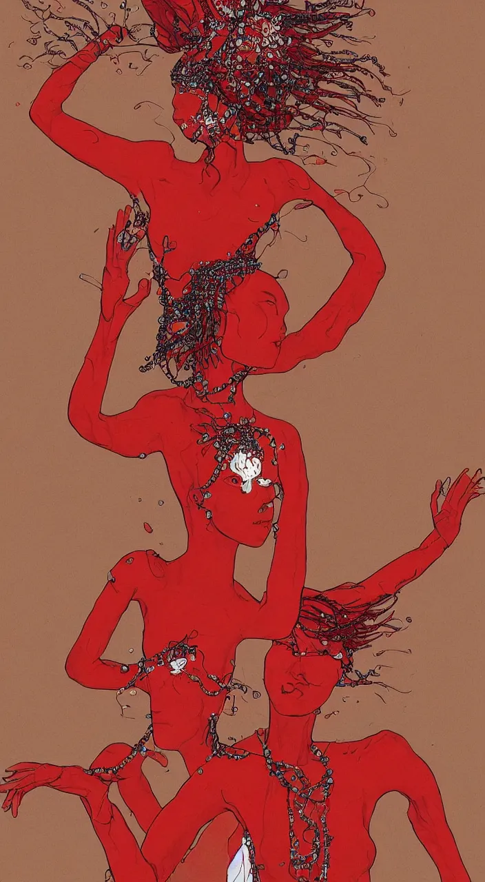 Prompt: woman character wearing a red bodysuit, acid hallucinations floating around their head, by moebius, alexander mcqueen headdress with beads, by kawase hasu