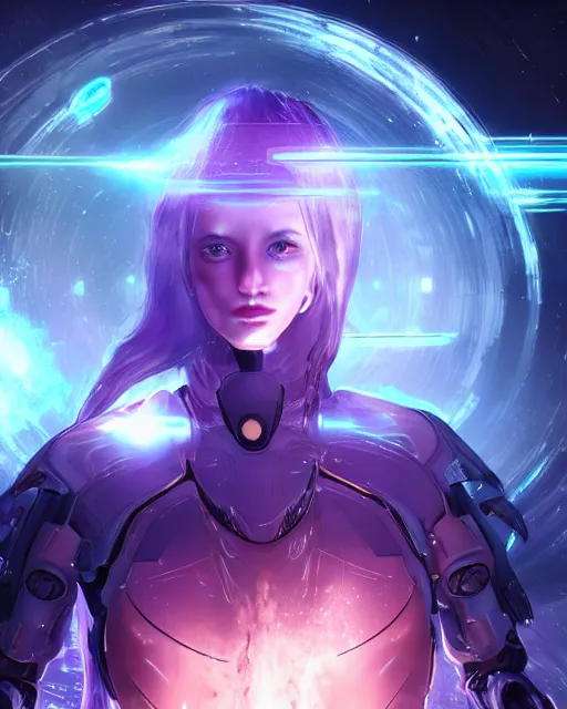 Prompt: photo of a android girl on a mothership, warframe armor, beautiful face, scifi, nebula, futuristic background, galaxy raytracing, dreamy, focused, sparks of light, attractive, long white hair, blue cyborg eyes, glowing, 8 k high definition, insanely detailed, intricate, innocent, art by akihiko yoshida, antilous chao, woo kim