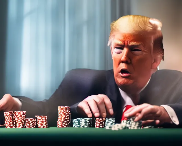 Image similar to Trump playing poker, hyperdetailed, photo realistic, dramatic lighting, Nat Geo award winner, 100mm lens, bokeh