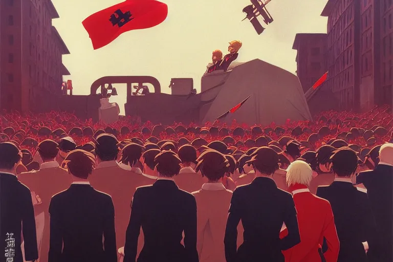 Image similar to anime key visual of a fascist regime rally 1 9 4 5, alternate universe matriarchy, nationalism, red flags, dictator, style of jamie wyeth james gilleard edward hopper greg rutkowski acrylic painting, preserved museum piece, historical