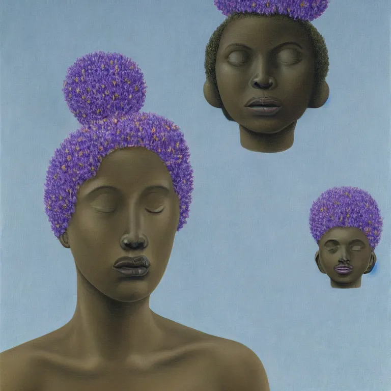 Prompt: portrait of a faceless lavender, rose and daisy flower - head black woman by rene magritte and daniel clowes, detailed painting, distance, centered, hd, hq, high resolution, high detail, 4 k, 8 k