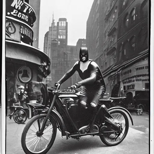 Prompt: old black and white photo, 1 9 1 3, depicting batman on a motorcycle from dark knight racing through the bustling streets of new york city, rule of thirds, three - point perspective, historical record