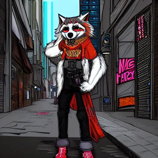 Prompt: beautiful furry art portrait commission of a furry anthro wolf fursona wearing punk clothes in the streets of a cyberpunk city. character design by rick griffin, miles df