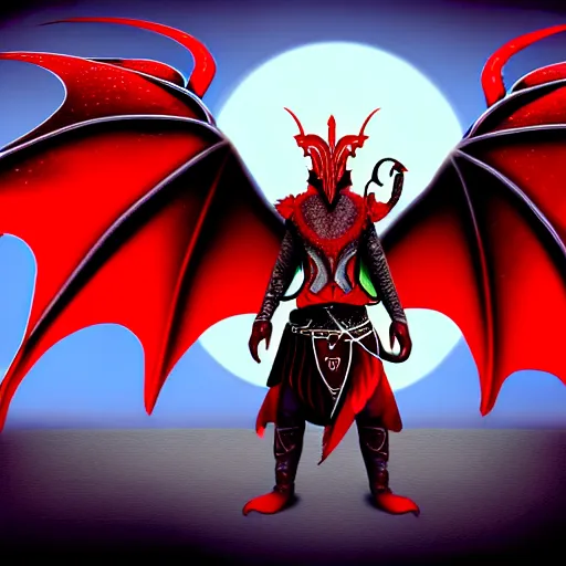 Image similar to an anthropomorphic dragonborn with wings and a tail, red scales, wearing viking clothes, digital art, fantasy art