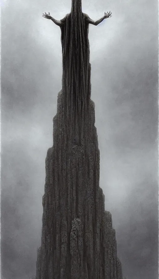 Image similar to painting of omniscient tall statues of gods towering above a hopeless person, by zdzislaw beksinski, by dariusz zawadzki, by wayne barlowe, gothic, surrealism, cosmic horror, lovecraftian, cold hue's, warm tone gradient background, concept art, beautiful composition