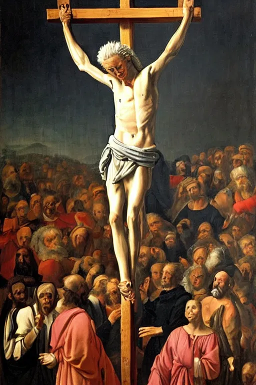 Prompt: painting of wailing geert wilders being crucified, renaissance, breathtaking painting