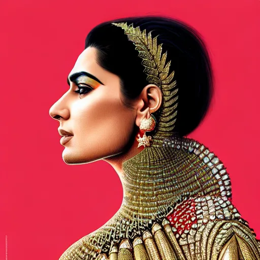 Prompt: portrait of a pakistani woman :: side profile :: blood :: background sea :: intricate details :: gold :: oxygen implant :: 8k :: marvel and Sandra Chevrier