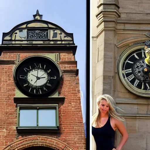 Image similar to A detailed photo of Kaley Cuoco under the Eastgate clock in Chester. Behind her we see a black panther