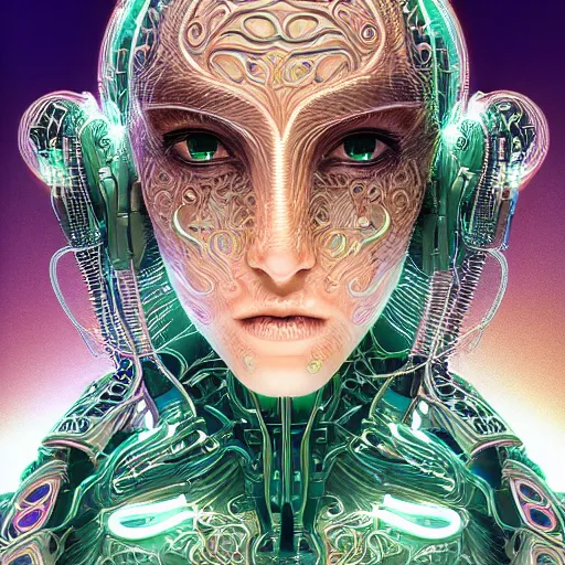 Image similar to beautifull woman integrating with technology, full face, detailed intricate ornate cables connected to head, big open electric eyes, luxurious detailed abundent wiring and implants, sci-fi, neon, emeralds, detailed technology full background, highly detailed, Rene Lalique and Eddie Mendoza