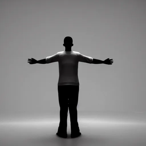 Image similar to a person standing in a dark room with their arms in the air, an ambient occlusion render by senior environment artist, deviantart, light and space, volumetric lighting, matte drawing, ambient occlusion