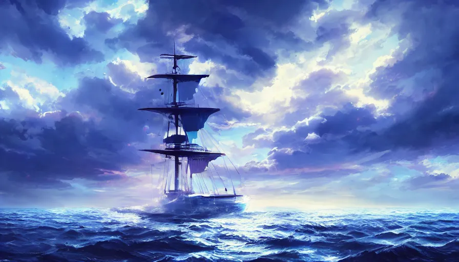 Image similar to one piece ship sailing, dark blue storm sky, sun sunset, with blue light piercing through clouds, makoto shinkai, royal blue colors, lighting refraction, volumetric lighting, pixiv art, highly detailed, anime art, symmetrical, wlop, anime art