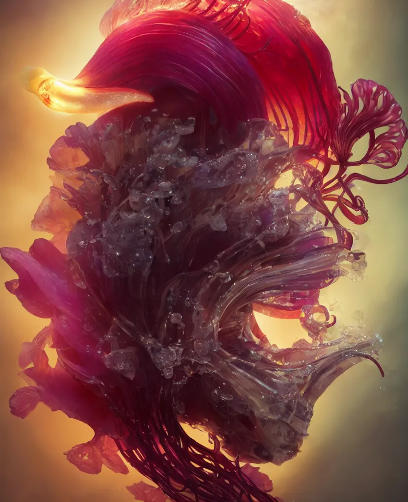 Image similar to 3 d head shot portrait of the face of a beautiful princess, giant orchid flower, giant gladiola, high contrast and sharpness, jellyfish face skull phoenix bird, translucent, nautilus, smoke and water energy flow. highly detailed, epic. octane render, excellent composition, by wlop, tooth wu, greg rutkowski, beeple