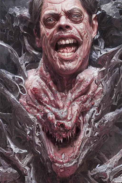 Image similar to Portrait of Steve Buscemi as Carnage, marvel comics, dark, intricate, highly detailed, smooth, artstation, digital illustration by Ruan Jia and Mandy Jurgens and Artgerm and Wayne Barlowe and Greg Rutkowski and Zdislav Beksinski