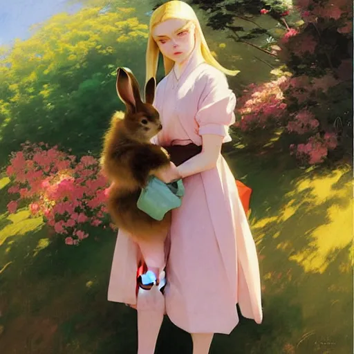 Prompt: elle fanning holding a bunny, by studio ghibli painting, by joaquin sorolla rhads leyendecker, an aesthetically pleasing, dynamic, energetic, lively, well - designed digital art, by ohara koson and thomas kinkade, traditional japanese colors, superior quality, masterpiece