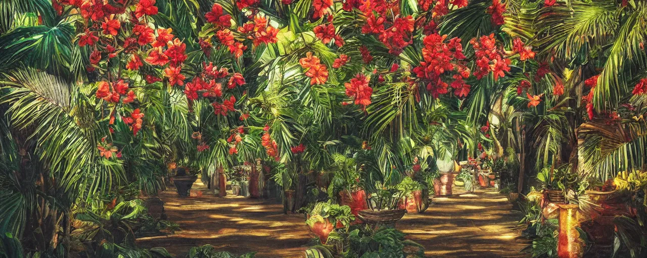 Image similar to a highly detailed oil painting of Tropical Flowers, a view from ground level: elegant, ornate, daytime. this is a beautifully lit scene.