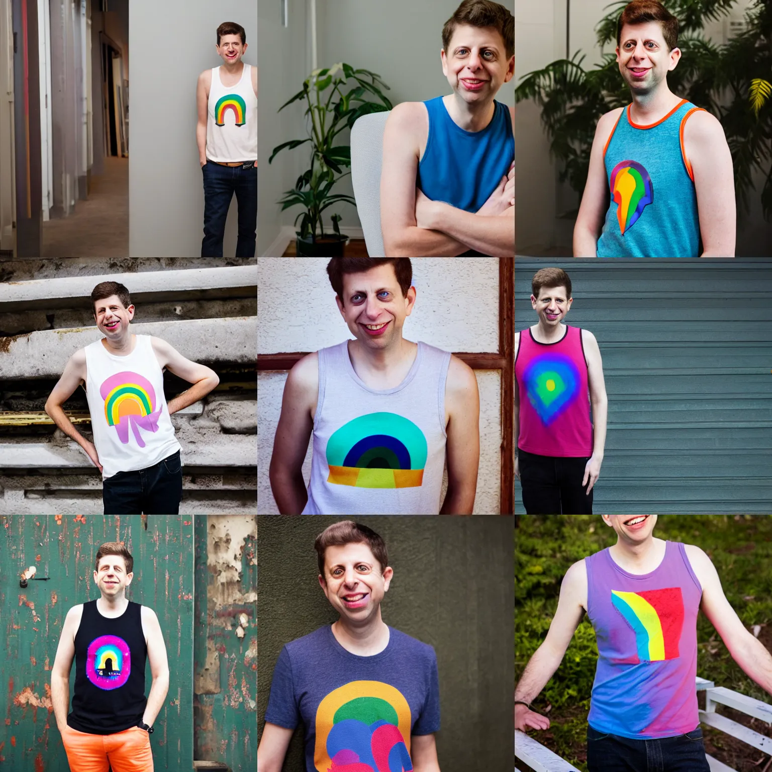 Prompt: Photo of Sam Altman wearing rainbow tank top, by Anne Liebovitz, 85mm f/1.4