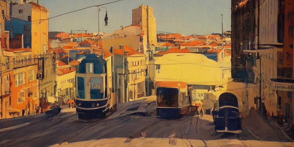 Image similar to street art. paralyzed by the indescribable beauty of the cosmos. amazing view of the electric trail from lisbon. art style by edward hopper daring, incredible