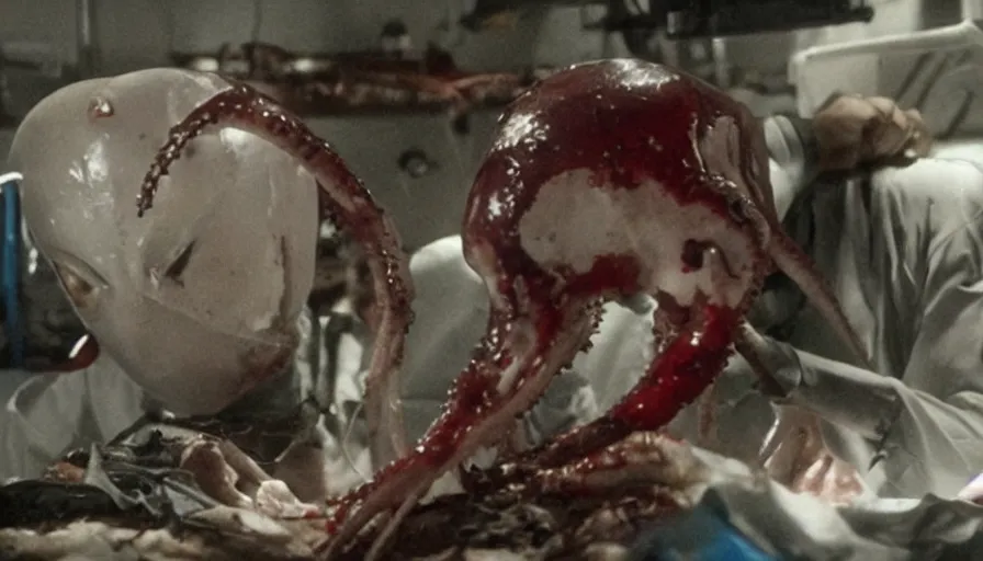 Image similar to Big budget horror movie, a squid bloodily rips out a man's heart while a cyborg does an autopsy