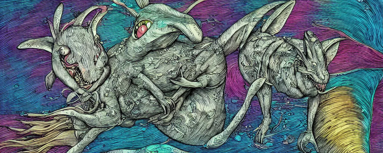 Image similar to a detailed digital art of a bunny disguised as a shark in the style of junji ito and moebius and giger, rainbow color scheme, ornate, photosynthetic,8k,award winning art,