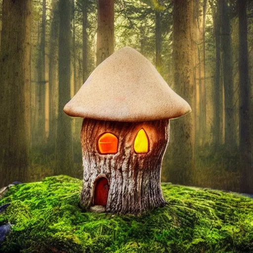 Prompt: A cute mushroom house with chimney, windows, growing on the enchanted forest floor. medium shot, might cinematic lighting, sharp, high detail, nature photography