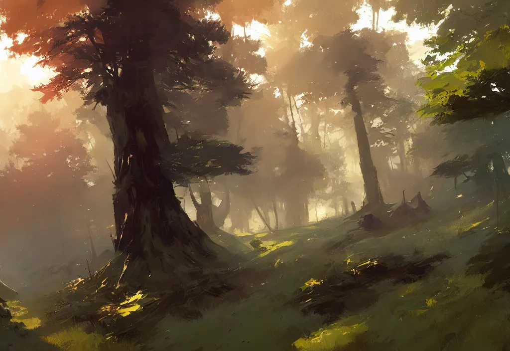 Prompt: greg manchess painting of a forest landscape in the middle ages, painting, trending on artstation, by ismail inceoglu and by craig mullins and by kilian eng and by jake parker