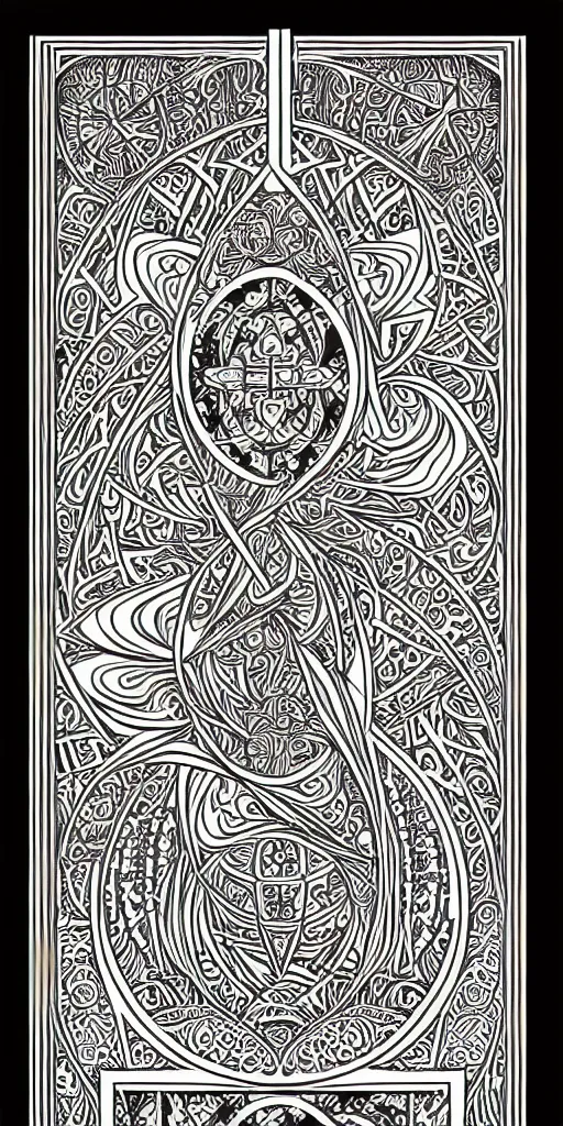 Image similar to a beautiful black and white fractal tarot card featuring bold occult imagery with clean lines. circuit board. detailed adult coloring book