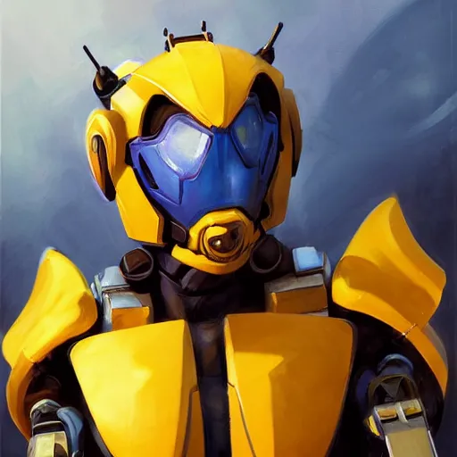 Image similar to greg manchess portrait painting of bumblebee the transformer as overwatch character, medium shot, asymmetrical, profile picture, organic painting, sunny day, matte painting, bold shapes, hard edges, street art, trending on artstation, by huang guangjian, gil elvgren, ruan jia, greg rutkowski, gaston bussiere