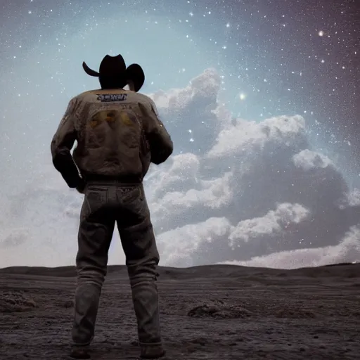 Image similar to apollo 8 cowboy earthrise cowboy in cowboy space, octane render, blender render, unreal engine, 3 5 mm, cowboy, with earth in rising in the sky in the background