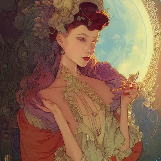 Prompt: portrait of a victorian era duc, princess girl, stylized illustration by peter mohrbacher, moebius, mucha, victo ngai, colorful comics style