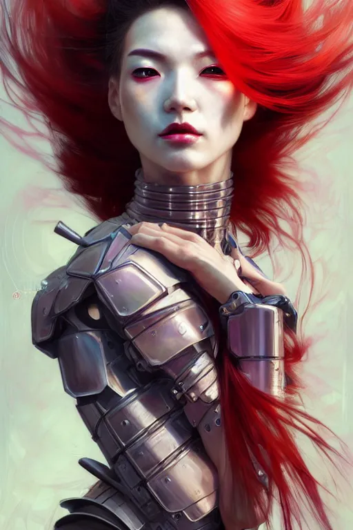 Image similar to > professional dynamtic portrait of female an agile geisha cyberpunk in a dynamic pose , armor elements , long red hair, beautiful bone structure, symmetrical facial features, intricate, elegant, digital painting, concept art, smooth, sharp focus, illustration, by Ruan Jia and Mandy Jurgens , and mucha, and Artgerm and William-Adolphe Bouguerea