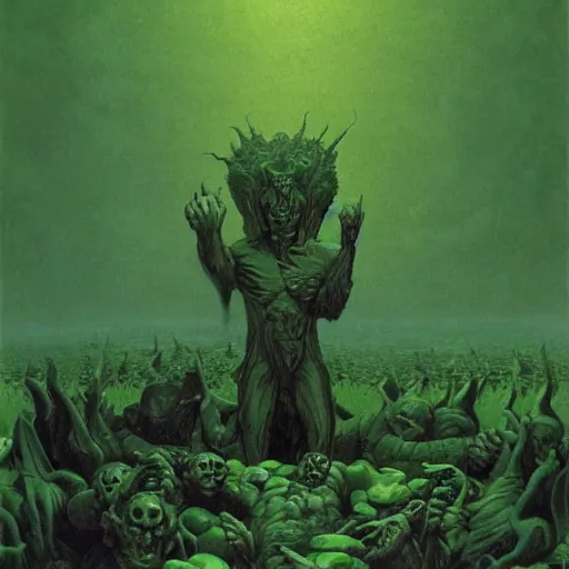 Image similar to Angry Green Man surrounded by blocks of Swiss cheese, dark fantasy, artstation, painted by Zdzisław Beksiński and Wayne Barlowe