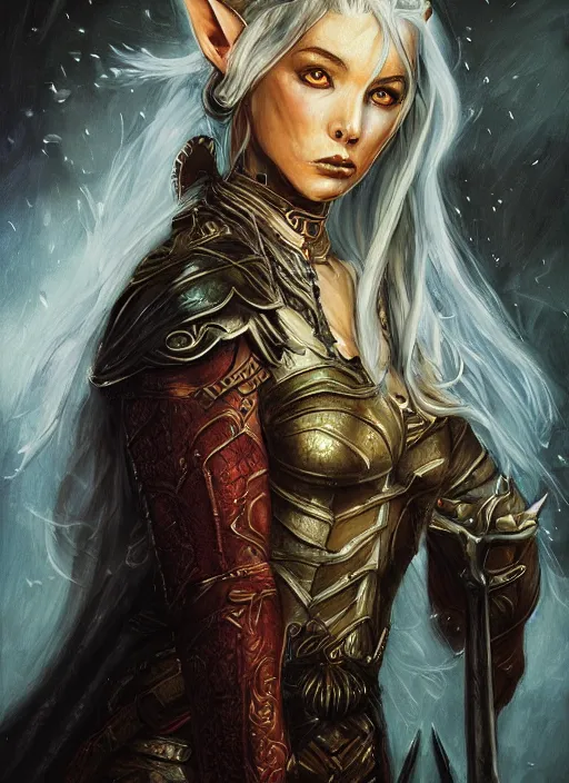 Image similar to female elf armed with two long swords, in the style of tolkien, fantasy art, dramatic lighting, highly detailed oil painting