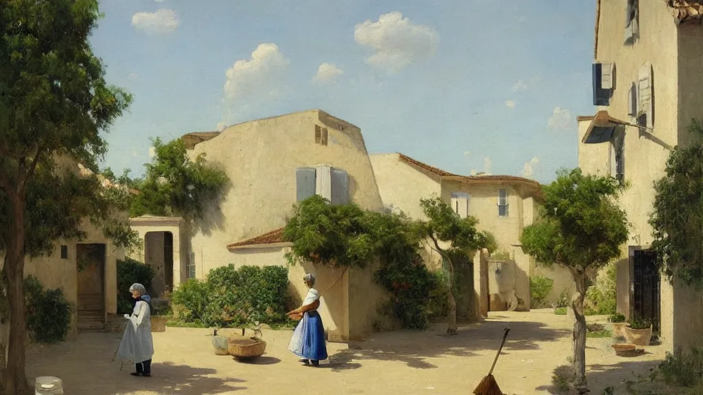 Image similar to a beautiful extremely complex painting of a street in a mediterranean village in summer by peter ilsted, whitewashed housed, tall cypress trees, blue shutters on windows, elderly woman sweeping the ground with a broom, national gallery of art highlights