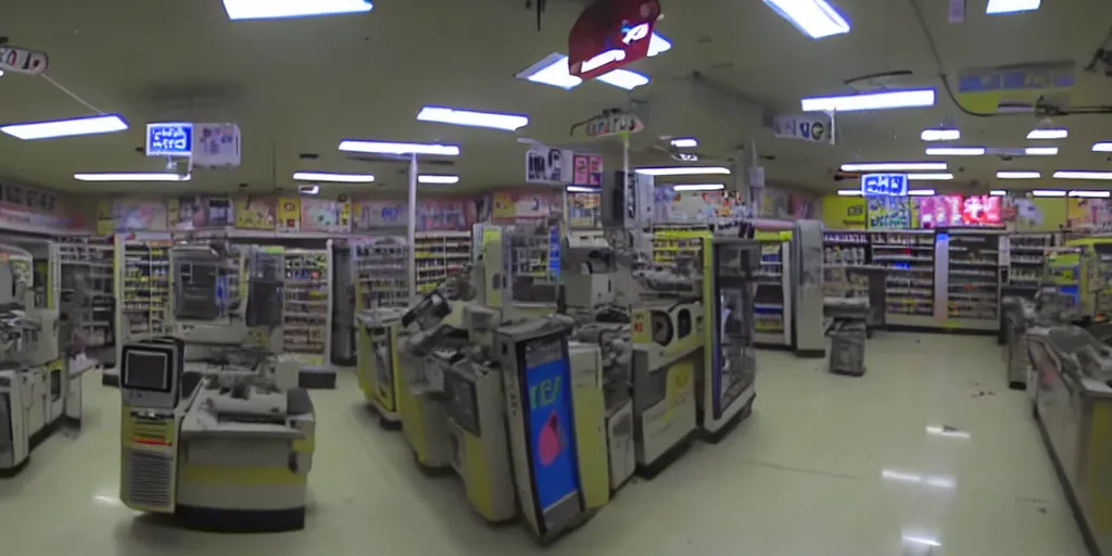 Image similar to abandoned robot android factory in a convenience store, damaged camcorder video