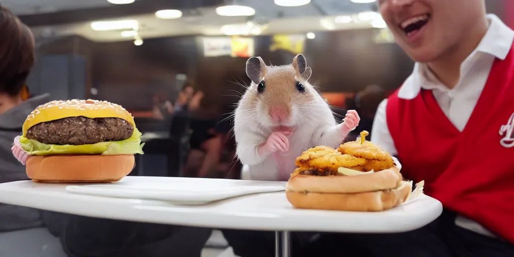 Prompt: a hamster eating burger at kfc, looks very happy
