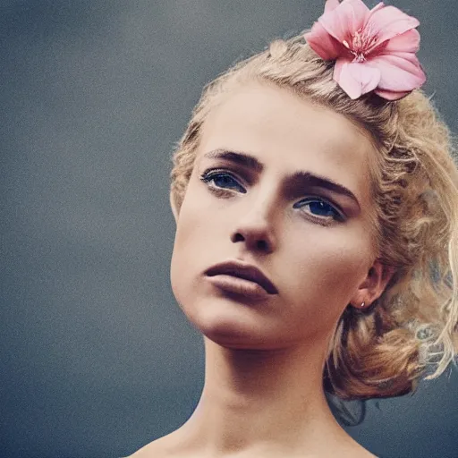 Image similar to vintage photograph of an olive skinned blonde female model in her twenties, her hair pinned up with a pink flower, wearing a designer top, looking content, focused on her neck, photo realistic, extreme detail skin, natural beauty, no filter, slr, golden hour, 8 k, high definition, selfie