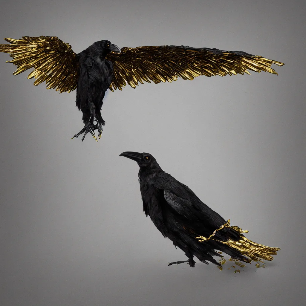 Prompt: Raven with wings made of gold leaf, white background, octane render, dramatic, depth of field