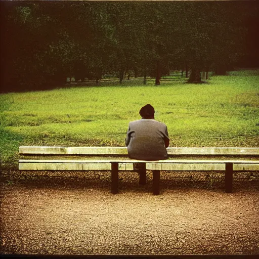 Prompt: Lonely man sitting on bench photographed by Andrej Tarkovsky, kodak 5247 stock, color photograph