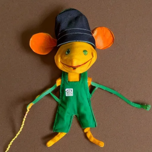 Prompt: small orange humanoid mouse marionette wearing green overalls and a peter pan hat