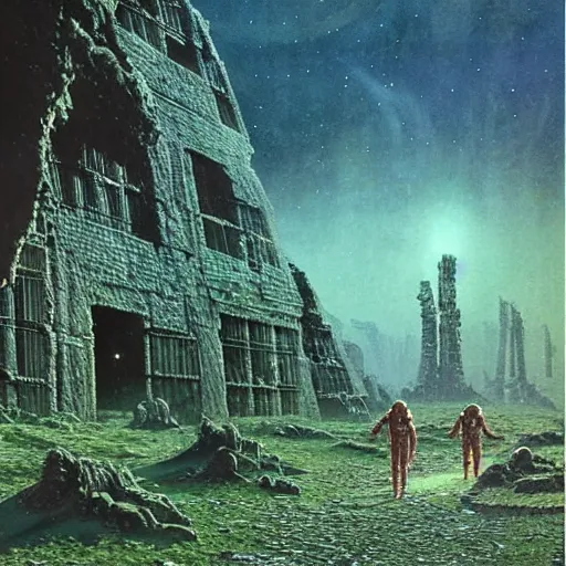 Image similar to astronauts exploring alien ruins, green mist atmosphere, art by bruce pennington