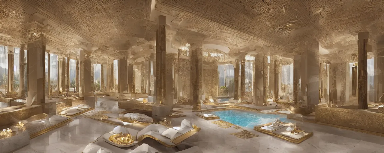 Image similar to photo of a cinematic interior of a triple height hyper luxury spa with everything made of gold, candles, windows with view to desert mountains and river, beige stone marble floor with reflection, small wellness relaxation pool, intricate hieroglyph detailed roof, contemporary design, sacred geometry, 8 k, hyperrealistic, photorealism,