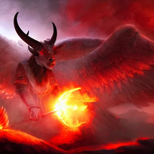 Prompt: ram horned oracle brings fire down from the sky, NGE dark fantasy, highly detailed, digital painting, volumetric light, 8k detailed