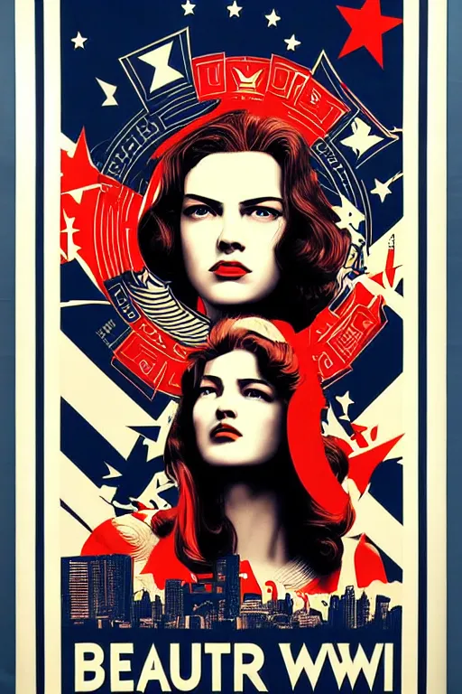 Prompt: beautiful cinematic world war 3 screen printing poster, hybrid from Obey and art direction by Shepard Fairey ;by artgerm; wayne reynolds art station; cinematic quality character render; low angle; ultra high quality model; production quality cinema model;