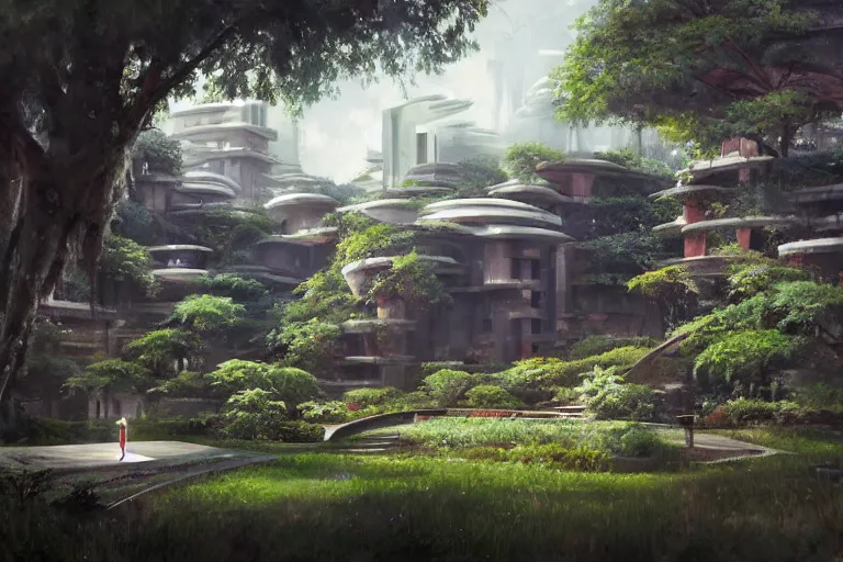 Image similar to Brutalist Shiro surrounded by manicured gardens, amazing cinematic concept painting, by Jessica Rossier