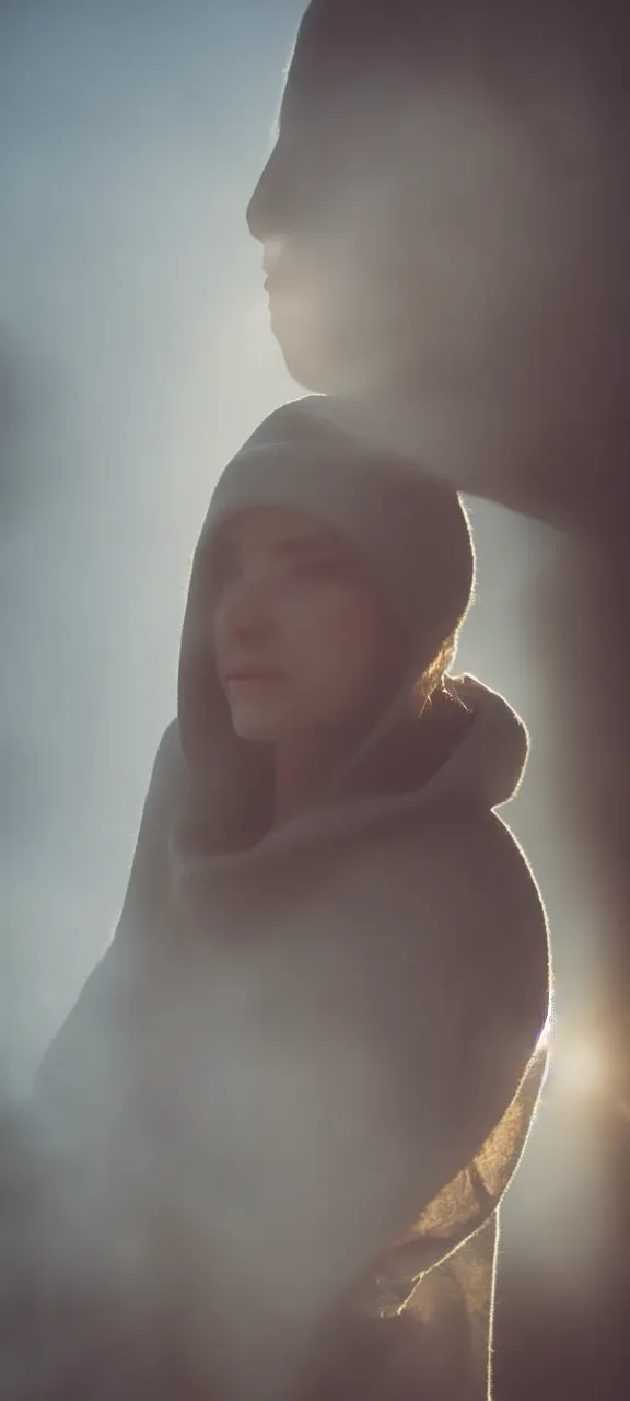 Prompt: very very beautiful photograph of emily skinner looking like annie leonhart in a hoodie standing next to a window god rays shining on her from the sunlight, volumetric fog, smoke, depth of field, beautiful composition, very very very beautifull!! face, on artstation and instagram