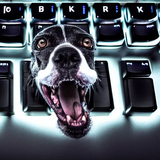 Image similar to barking angry dog typing on rgb keyboard photo dramatic lighting