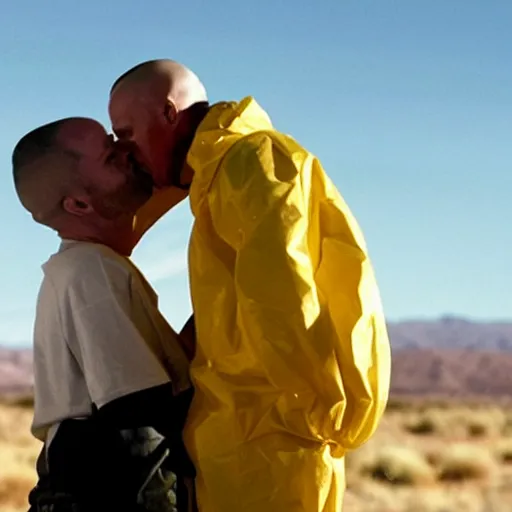 Image similar to a still from breaking bad of Jesse Pinkman kissing Walter White, close-up, highly detailed skin