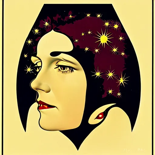 Image similar to Art in the style of Coles Phillips, Gaia, Mother Earth, stars, space, earth, ecology, side portrait