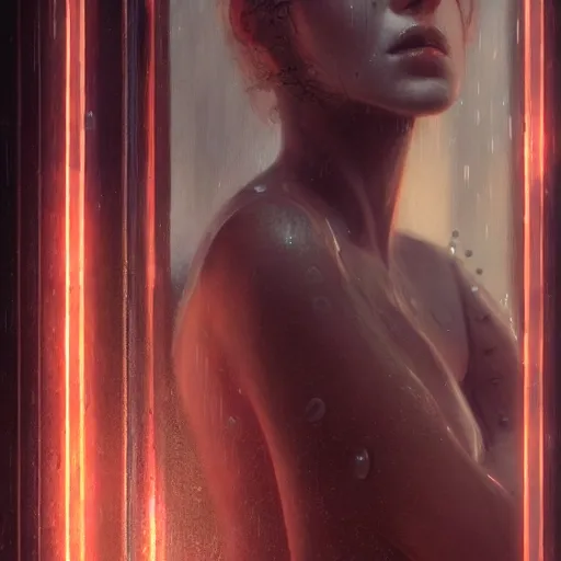 Image similar to detailed face of a woman, moment, cyberpunk cloisters, electronic billboards, tech noir, wet reflections, atmospheric, ambient, livia prima, greg rutkowski, edward hopper